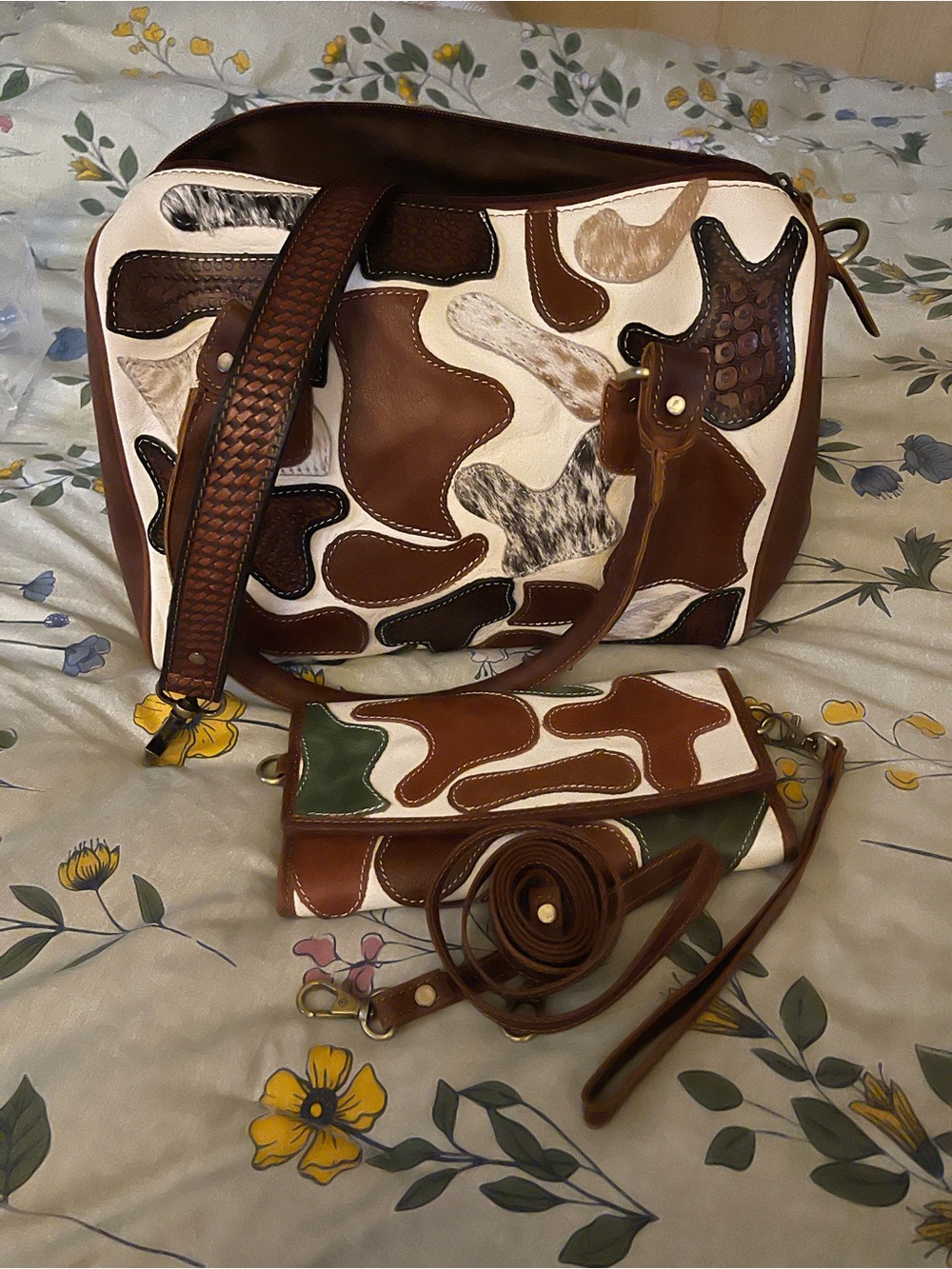 Brown & White Patchwork Leather Shoulder Bag with Matching Wallet